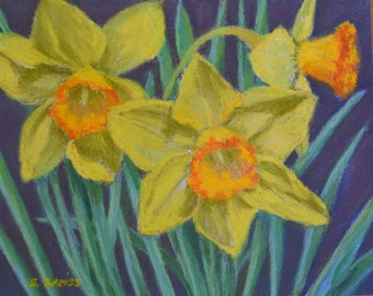 Reserved YELLOW DAFFODIL PAINTING in original pastel floral by Sharon Weiss