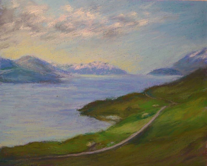 ICELAND INLET PAINTING in Serene Blue with Lush Green Vegetation in Original 8 x 10 pastel painting by Sharon Weiss image 1