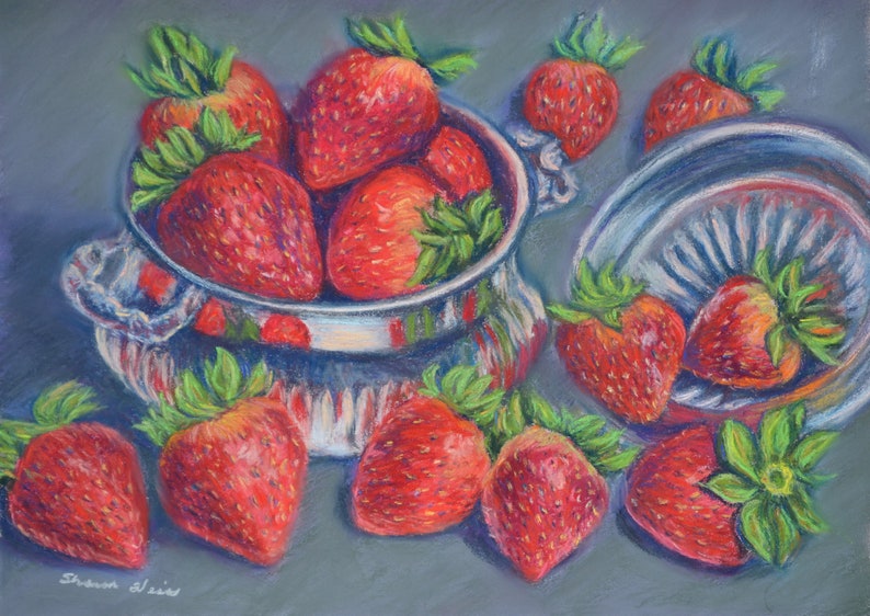 STRAWBERRIES on SILVER Dish in 10 x 14 ORIGINAL Pastel Painting by Sharon Weiss image 1