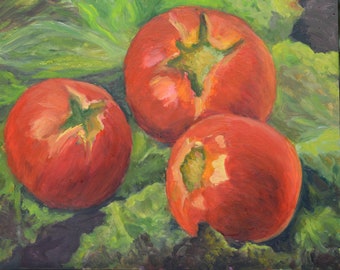 TOMATOES and LETTUCE in Original KITCHEN Art 8" x 10" Still Life Oil Painting