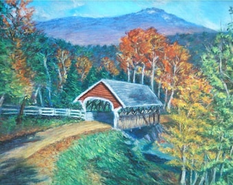 Reserved COVERED BRIDGE PAINTING with Vivid Autumn Colors in 10 x 14 Original Pastel Painting by Sharon Weiss