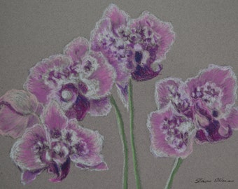 ORIGINAL MAGENTA ORCHIDS in 8 x 10 inch oil pastel painting by Sharon Weiss