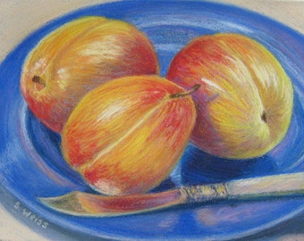 Elegant Golden Plum FOOD PORTRAIT With Antique Fruit Knife Still Life Kitchen Art in Original 6 x 8 Pastel Painting by Sharon Weiss