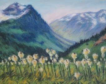 GLACIER National Park PAINTING with BEARGRASS Wildflower Landscape from in Original 8.5 x 11.5 Pastel Painting by Sharon Weiss