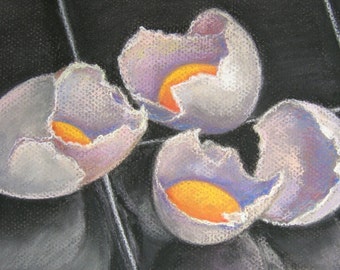 EGGS on BLACK Tile Kitchen Art in Original 6 x 8 Pastel Painting by Sharon Weiss