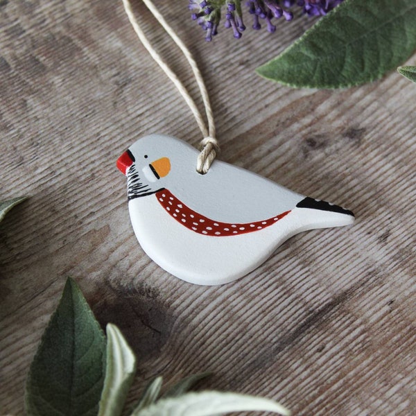 Zebra finch clay ornament - handpainted tree decoration - small animal hanging ornament