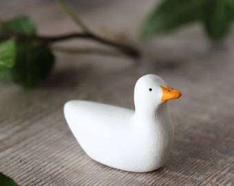 Tiny white duck miniature sculpture -  hand painted clay figurine - animal totem - small ornament