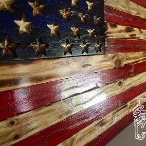 Rustic Full Color Small American Flag, Distressed Wood Flag, Wood American Flag, American Wood Flag, Stained, Charred, Carved Stars