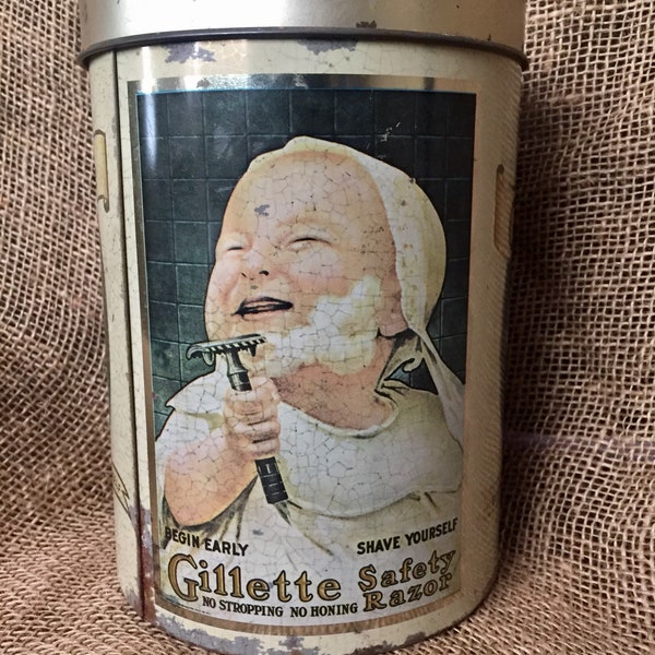 Vintage Gillette Advertising Tin By Cheinco House Wares, Safety Razor, Shaving, Cheinco, Barber shop, Vintage Gillette, Shaving Advertising