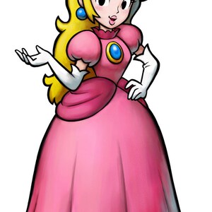 Op de afbeelding: Illustratie van Princess Peach uit de Super Mario-videogame serie. Ze draagt een roze jurk, een gouden kroon met een rode edelsteen en witte handschoenen. Haar blonde haar is gestyled met een zijscheiding en gekruld aan de uiteinden. Ze heeft blauwe oorbellen.