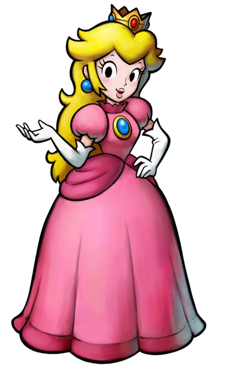 Op de afbeelding: Illustratie van Princess Peach uit de Super Mario-videogame serie. Ze draagt een roze jurk, een gouden kroon met een rode edelsteen en witte handschoenen. Haar blonde haar is gestyled met een zijscheiding en gekruld aan de uiteinden. Ze heeft blauwe oorbellen.