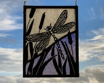 Stained Glass Panel Dragonfly in Flight Over Bulrushes. Beautiful Purple and White Wispy Textured Glass. Hand Painted. Unique Gift