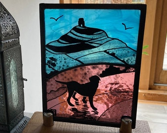 Stained Glass Labrador at Glastonbury Tor. Silhouetted Dog in the Summer Country. Somerset Landmark Art. Hand Made Craft. Dog Lover Gift