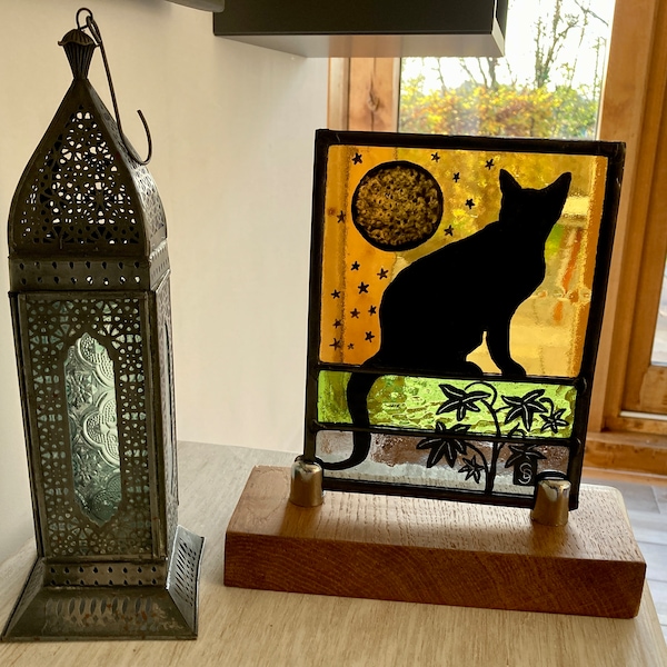 Stained Glass Panel of a Cat on a Wall with the Moon and Stars. Bright Yellow, Green and Grey Glass. Hand Painted and Leaded. Cat Lover Gift