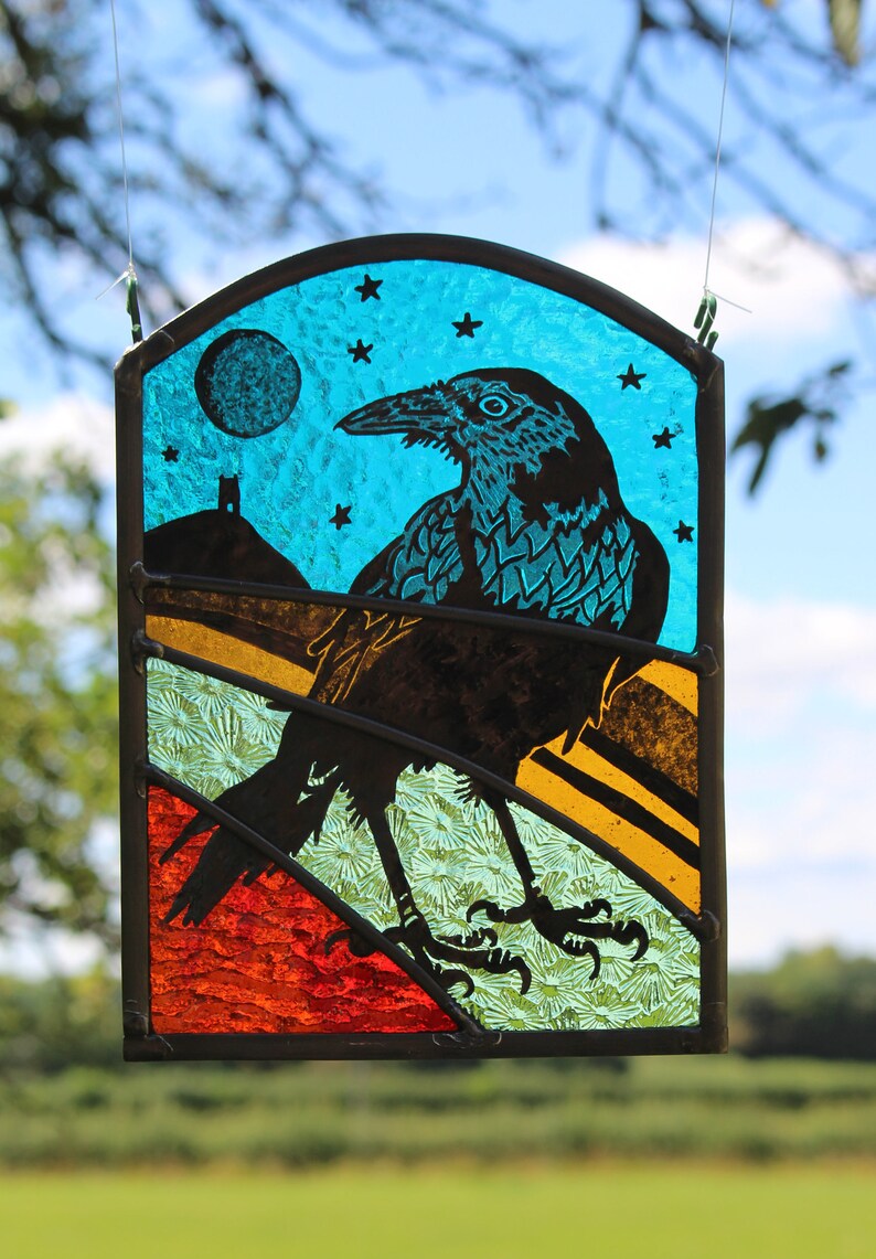 Stained Glass Panel Crow at Glastonbury. Fabulous Coloured Etsy