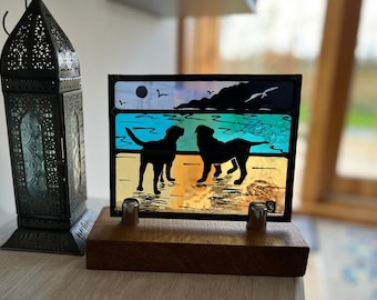 Stained Glass Panel 2 Labradors by the Sea. Painted Silhouetted Dogs on a Summer Beach. Hand Made Traditional Craft. Dog Lover Special Gift