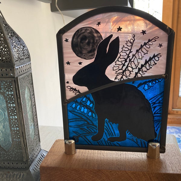 Stained Glass Hare in a Field of Bluebells. Moon and Stars. Arch Shaped. Hand Painted Traditional Craft. Hare Lover Special Gift