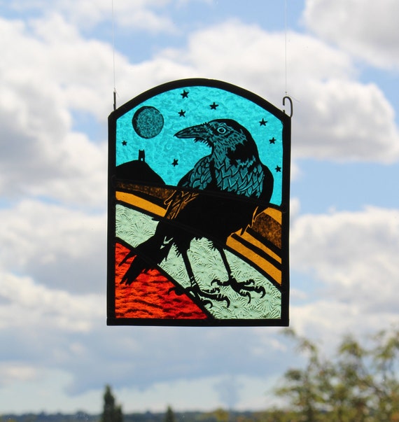 Stained Glass Panel Crow at Glastonbury. Fabulous Coloured Etsy