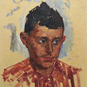 Pintura al óleo original antigua Retrato de un niño de mediados de siglo del artista ucraniano A. Shkurko, 1954, Retrato de un hombre, Retrato masculino, Arte mural