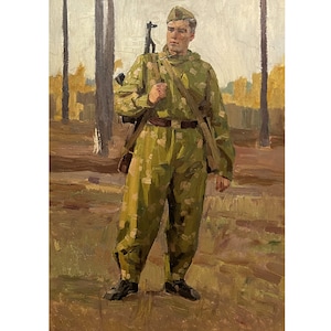 Retrato de un soldado de la guardia fronteriza en la orilla del mar. Pintura al óleo original vintage del artista ucraniano V. Chernikov, arte de la década de 1970, Figura de un hombre.