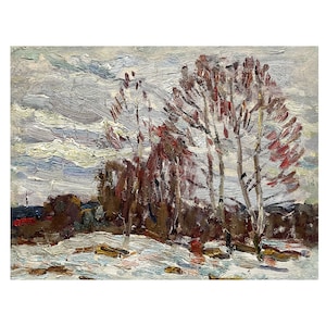 Pintura al óleo original vintage Paisaje forestal invernal del artista ucraniano M. Borymchuk, 1975, Arte mural impresionista, Nieve, Abedules, Naturaleza