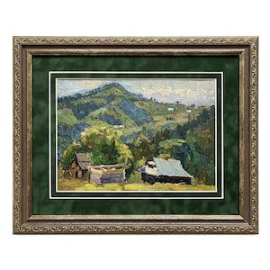 Framed vintage original oil painting Mountain landscape by Ukraine artist A.Zorko, 1970s, Wall art, Mountain village, House in the mountains