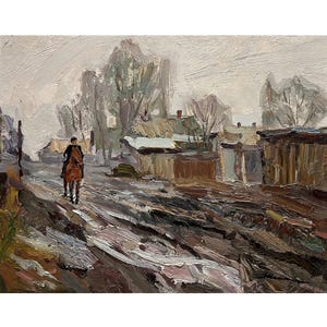 Pintura al óleo original vintage Paisaje rural del artista ucraniano V. Iskam, 1980, Hombre a caballo, Calle rural, Pueblo, Arte de vista del campo