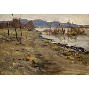 Antique original oil painting by Ukrainian artist M.Borymchuk 1950s, Early spring landscape, Sunset, Nature, Trees on river bank, Riverscape