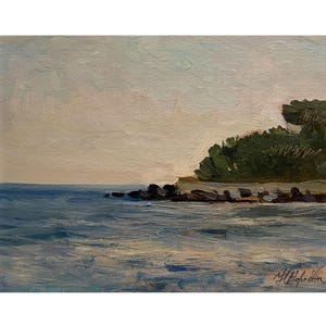 Vintage impressionist original oil painting Sunset sea landscape by Ukrainian artist N.Korobova, Seascape, Seafront, Coastal view, Seashore