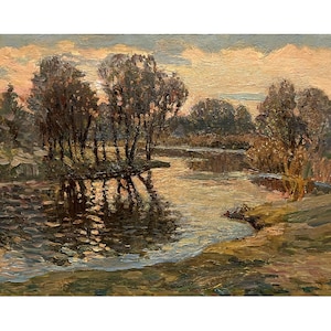 Vintage original oil painting Sunset landscape by Ukrainian artist by O.Solodovnikov, 1970s, River wall art, Trees on river bank, Riverscape