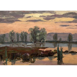 Vintage original oil painting Sunset landscape by Ukrainian artist by I.Hapochenko 1990, Wall art, Evening, Clouds, Sky, Skyscape, Riverbank