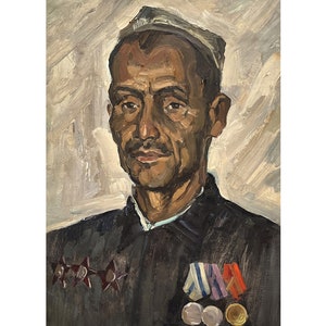 Pintura al óleo original antigua Retrato masculino del artista ucraniano soviético V. Karkots, década de 1960, Retrato de un hombre, Arte mural de retrato de realismo socialista