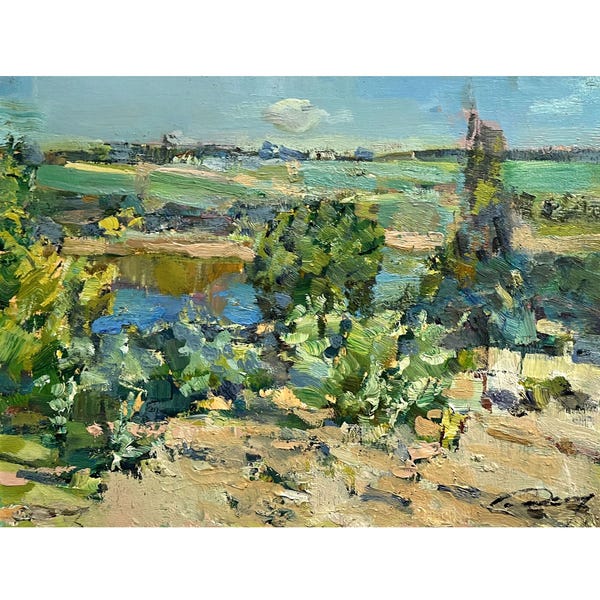 Vintage original oil painting Riverside Countryside by Ukrainian artist O. Demydenko, Wall art, Trees on riverbank, Green Summer Landscape