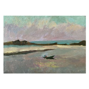 Antique original oil painting on canvas Sea landscape by Ukrainian artist V.Sevastyanov, 1960s, Beach art, Seashore, Boat painting, Seascape