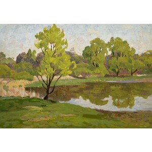 Vintage original oil painting River landscape by Ukrainian artist O.Solodovnikov, 1970s, Spring, Riverbank, Trees, Woodland scenery, Nature