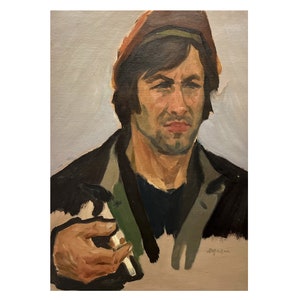 Pintura al óleo original vintage Retrato de un trabajador del artista ucraniano O.Nazarenko, década de 1970, Pintura de retrato, Retrato de un hombre, Retrato masculino
