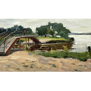 Vintage original oil painting River landscape by Ukrainian artist G.Petrov, 1960s, Wall art, Bridge, Riverbank, Riverscape, Trees, Nature