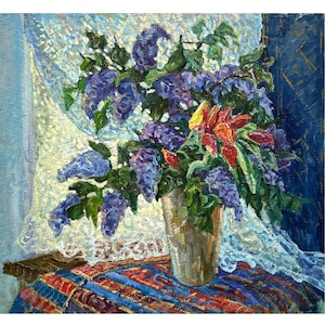 Original oil painting on canvas Floral still life by Ukrainian artist Y.Piven, Spring still life with tulips and lilacs, Still life painting