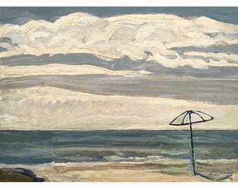 Vintage original oil painting Seascape by Ukraine artist O.Demydenko, Seascape, Seashore, Coastal view, Beach umbrella, Clouds over the sea