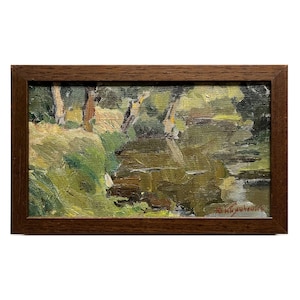 Framed antique original oil painting on canvas by Ukrainian artist Y.Kiyanchenko, 1960s, Woodland scenery, Trees on river bank, Riverscape