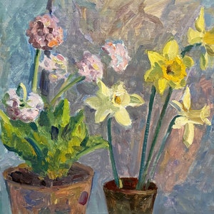 Pintura al óleo original vintage "Bodegón de flores" de la artista ucraniana E. Ovsyannikova, década de 1970, arte mural floral, obra de arte de primavera, pintura de narcisos.