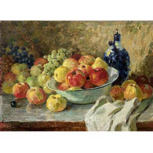 peinture à l&#39;huile originale vintage sur toile de l&#39;artiste ukrainien O.Solodovnikov, 1973, Nature morte aux pommes et aux raisins, Nature morte aux fruits