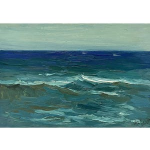 Pintura al óleo original impresionista vintage &quot;Paisaje marino&quot; de la artista ucraniana N. Korobova, década de 1980. Paisaje marino, paseo marítimo, olas, tormenta, arte mural marino.