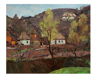 PAESAGGIO DEL VILLAGGIO DI SPRING Dipinto ad olio originale vintage dell'artista ucraino M.Borymchuk degli anni '60 Paesaggio rurale, Vista sulla campagna, Vecchie case coloniche