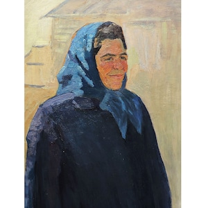 Oryginalny obraz olejny Portret kobiety autorstwa ukraińskiego artysty O.Solodovnikova, lata 70. XX wieku, Portret kobiety w szaliku, Malarstwo portretowe
