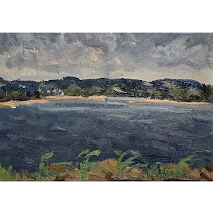 Vintage original oil painting River landscape by Ukraine artist by I.Hapochenko 1983, Wall art, Sunset, Trees, Riverbank, Riverscape, Nature