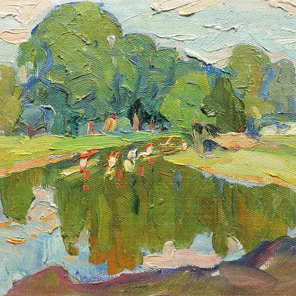 VINTAGE RIVER LANDSCAPE Original oil painting on canvas by Soviet Ukraine artist L.Zhuravleva, Riverbank, Boats on the river, One-of-a-kind