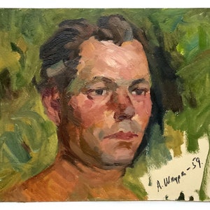 Pintura al óleo original de mediados de siglo Autorretrato del artista ucraniano A. Shkurko, 1959, Retrato de un hombre, Retrato masculino, Arte del retrato del artista