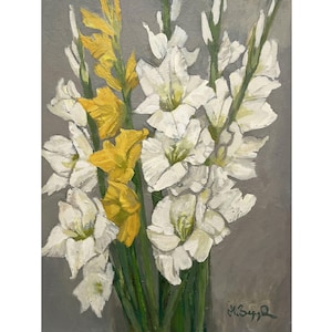 Pintura a óleo original vintage Natureza morta floral de um artista ucraniano N.Zaruba, década de 1980, Natureza morta, Arte de parede, Gladíolo, Pintura de flores