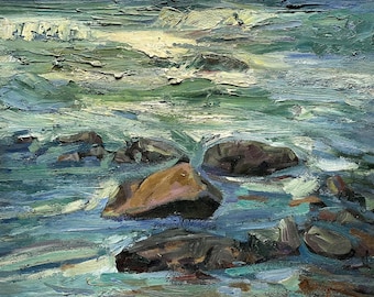 Dipinto ad olio originale vintage "Paesaggio marino" dell'artista ucraino Khodchenko, anni '80, Paesaggio marino, Costa rocciosa, Onde, Tempesta, Arte murale costiera